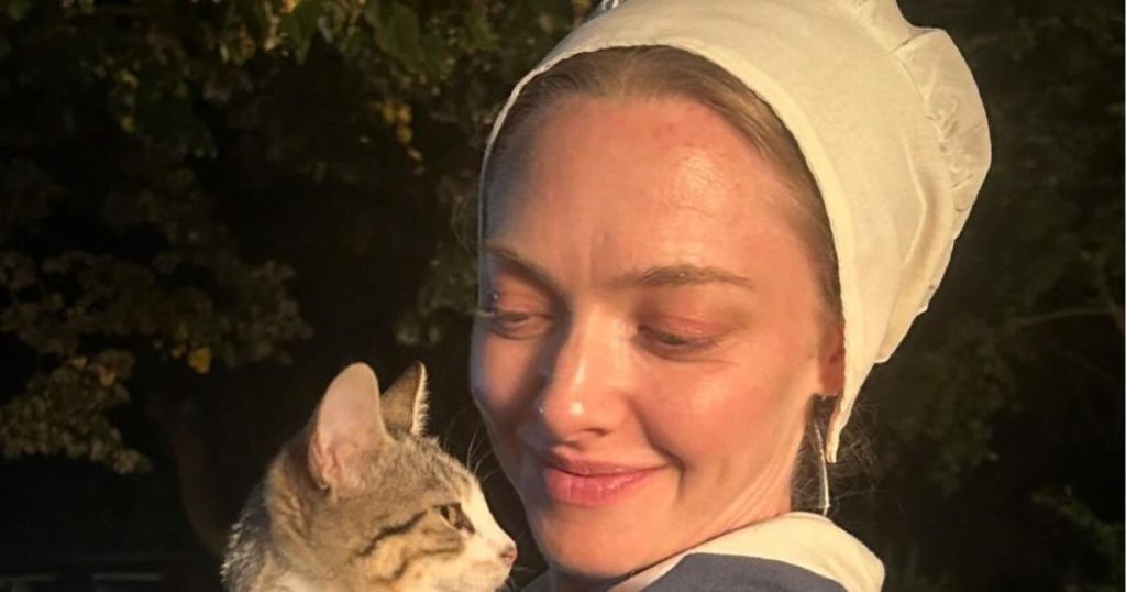 Amanda Seyfried Flashes VS Bralette nën një xhaketë lëkure Khaite të hapur